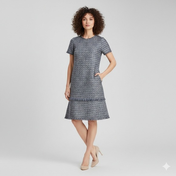 NWT Lafayette 148 New York Admiral Blue Multi Tweed Fringe Tiered Dress SIze S
